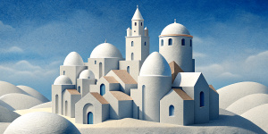 White illustration,  magritt surrealism style, structural aesthetics, a lot of historical prague houses, huge ocean and sky, white, gain paper, grainy texturing paper