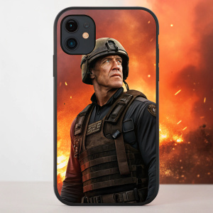 Realistic Arnold Schwarzenegger iPhone 11 case. He wears tactical gear. Fiery background.