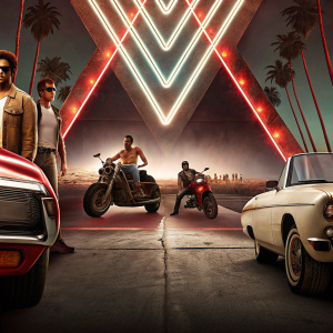 Promotional poster for Grand Theft Auto: Vice City. Array of vibrant characters, vehicles, and iconic landmarks against neon-lit backdrop