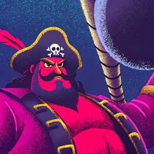 Roger Gol D, a muscular man with a determined look, mustache, and a pirate hat with skull emblem. Wearing a detailed pirate outfit and holding a big round hat tightly, in a dynamic pose, illustrated in a manga style.