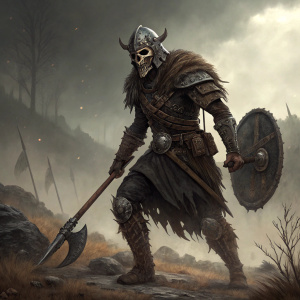 Illustration of a viking warrior, skeletal appearance, ancient armor, dark color palette. Brown and gray tones. Aggressive stance. Ready for combat. Video game concept art.