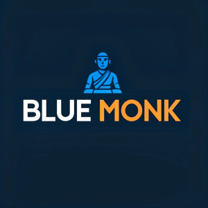 Modern logo for Blue Monk. Pixel art monk silhouette in blue. Bold text in white and orange. Clean minimalist design