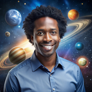 Prompt: "Avatar humanizado, africano, cabello negro, 40 años. Ropa casual. Astrónomo/a. Detalles llamativos en un entorno relacionado con la astronomía." feliz
