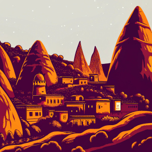 Night scene of Göreme, a historic town in Capadocia, Turkey. The village is nestled among iconic rock formations, with traditional stone buildings illuminated warmly. The blend of natural architecture and man-made structures creates a striking visual, as soft lights and shadows highlight the unique landscape, contrasting beautifully against the cool night sky.