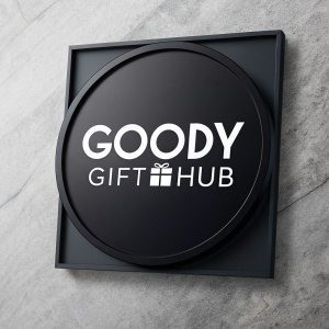 Goody Gift Hub logo. Modern design, sleek black background with white text