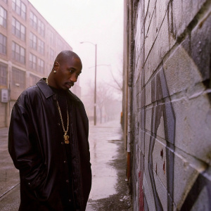 Tupac Shakur in a candid street photo. Wearing a black leather jacket and gold chain, standing in front of a graffiti-covered wall in Oakland.