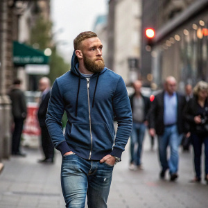 Conor McGregor, Irish MMA fighter, in casual attire, jeans and hoodie. Walking through busy street, no backdrop, urban environment