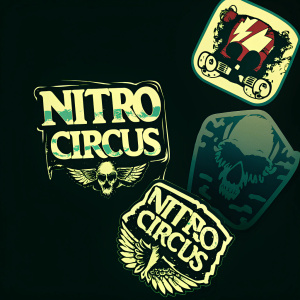 Nitro Circus merchandise stickers. Assorted sizes and shapes. Black, red, and white colors. Featuring Nitro Circus logo. Bold and edgy design.