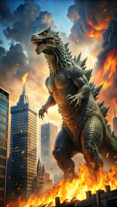 Godzilla filmindeki gerçek godzilla, şehirde yüksek binaların arasında King kong ile savaşırken her yeri yakıp yıkıyor