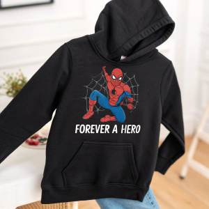 A comfy black hoodie featuring Spider-Man in a heroic pose, with the phrase 'Forever a Hero' below. Suitable for both boys and girls.