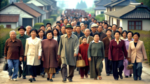 Exaggerated style: a large group of Chinese people happily walking home