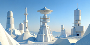 White illustration,  Wes Anderson style, 
 structural aesthetics, collage of many complex metal steely architectures with lighthouse, the bigest ocean and huge blue sky, white, gain paper