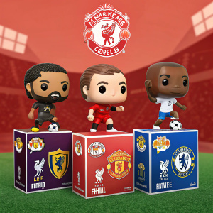 Advertisement for Funko Pop! Premier League series featuring soccer players in action. Vibrant colors and team logos on packaging boxes.