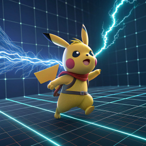 3D digital render of Pikachu in a futuristic setting. Grid background, vibrant colors, energetic pose