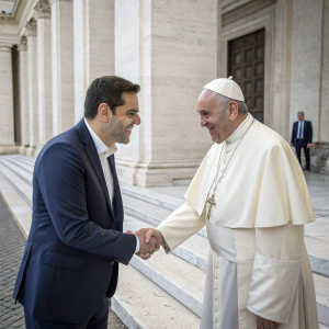 Pope Francis and Alexis Tsipras shaking hands at the Vatican. The white walls of the Vatican City in the background.
