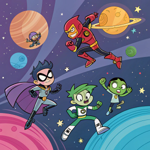 Vector illustration of Teen Titans Go! in dynamic pose, against cosmic backdrop.
