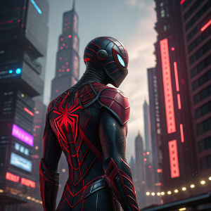 Digital 3D render of a futuristic Spider-Man: Miles Morales concept. Intricate design, metallic appearance, red accents. Set against a cyberpunk cityscape