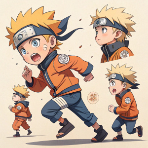 Fan art of Naruto Uzumaki in various dynamic poses. Some show determination, others a softer expression. Wearing iconic ninja attire. Light beige background