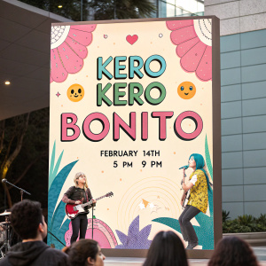 Exciting concert poster for Kero Kero Bonito. The event takes place on February 14th, from 5 PM to 9 PM. Featuring vibrant colors and playful fonts. Social media icons included.