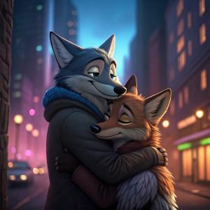 Illustration of anthropomorphic wolves from Zootopia, hugging tightly in an urban alleyway. Blurred cityscape and colored lights in the background.