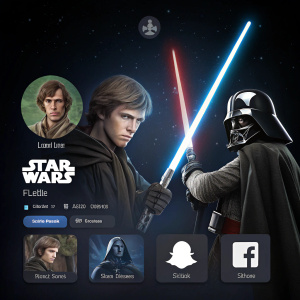 Facebook profile with Star Wars theme. Dark background, lightsaber icons, custom profile pictures of Star Wars characters.