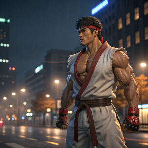 3D digital render of Ryu from Street Fighter. Wearing traditional Muay Thai outfit. Highly detailed muscle definition. Backdrop is an illuminated cityscape.