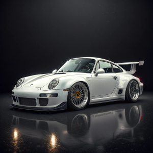 Digital render of a white Porsche 993 GT2 RS. Sleek, aerodynamic design with black background and soft lighting.