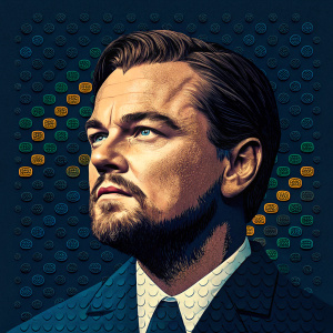 Digital artwork featuring Leonardo DiCaprio's face constructed from building blocks. Dark blue background. Artwork designed for movie promotion