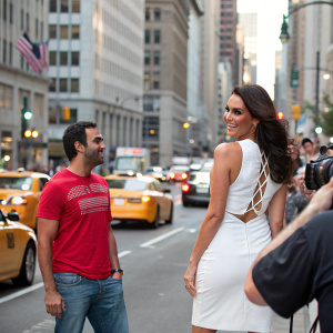 Omar Khyami and Tamara Ecclestone on a bustling city street. Omar in red t-shirt and jeans, Tamara in a white sleeveless dress with unique back design. A photographer in a white t-shirt with graphic design captures the moment amidst the urban backdrop of buildings, cars, and street life.