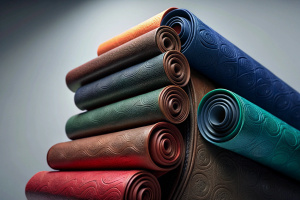 stack of embossed leather plotter, rolls of black, dark brown, deep blue, burgundy and dark green colours, light background, realistic