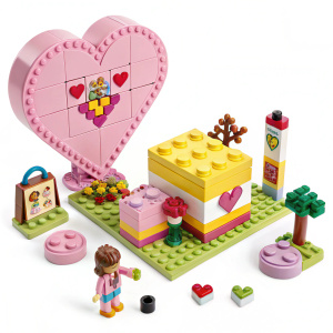 A vibrant Lego Friends set showcasing Olivia's Heart Box. Includes pink and yellow heart-shaped components along with various accessories.