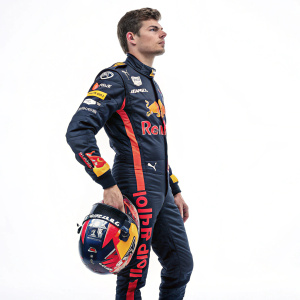 Max Verstappen, Formula 1 driver, intense gaze. Wearing racing suit with Red Bull logos, against white background.