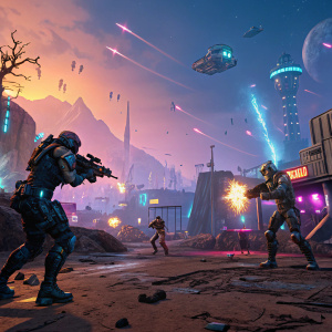 Digital artwork of a dynamic battle scene from Borderlands 3. The landscape is a neon-lit, industrial wasteland. Characters, both allies and enemies, are clad in sleek, armored suits with intricate designs. The air is filled with explosive debris and flying robots. Vibrant hues of blue, orange, and purple dominate the background, creating a surreal atmosphere.