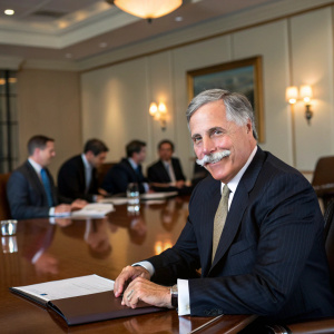 Chase Carey, in a formal suit with a mustache, leading a high-profile business meeting.