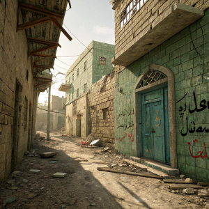 A gritty, photo-realistic scene of a derelict alleyway from Call of Duty: Modern Warfare. Decayed walls covered in Arabic graffiti, greenish-brick-like blocks, and blue door contrasted with scattered debris. Detailed textures and deep shadows add to the realism.