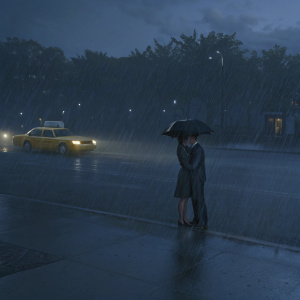 Krysten Ritter and Mike Colter on a rainy New York City street. They're hugging. A taxi in the background.