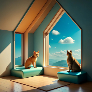 A Cat and a Dog are watching the view from the window in the large room of a 3D house.