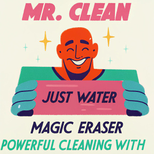 Promotional poster for Mr. Clean Magic Eraser. Cartoon mascot grinning confidently. Blue and white color scheme. Caption reads: 'Powerful Cleaning with Just Water'