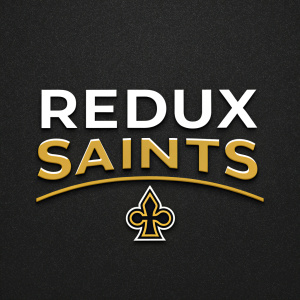 Modern logo for Redux Saints. Top half: 'Redux Saints' in sleek, sans-serif font, dark color on white. Bottom half: 'Redux Saints' in stylized, religious-themed font, golden hue on dark, textured background.