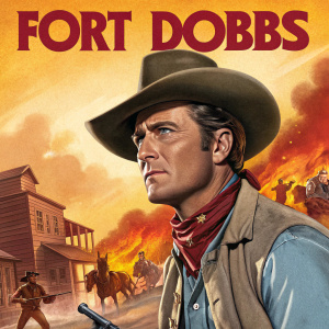 Movie poster for 'Fort Dobbs' (1958). Clint Walker in the foreground, strong and determined. Vibrant colors of an intense Western action scene in the background, highlighting urgency and excitement.