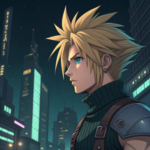 Digital illustration of Cloud Strife, youthful face, determined look, spiky blonde hair, blue eyes. Dark night cityscape background, inspired by Final Fantasy VII.