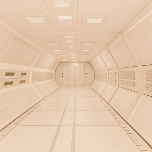 A detailed 3D rendering of a space station hallway. The walls and ceiling are mostly grey and brown, illuminated by soft, ambient lights casting subtle shadows. The hallway's design is sleek and angular, with modern, geometric features. High-resolution image