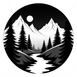 river and forest landscape scene, silhoutte logo, clean simple lines, black and white