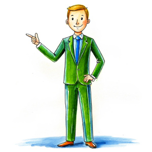 40 years old male teacher in suit, as a drawing for a cartoon, on a white background, whole body he points with his hands