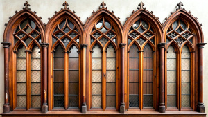 five gothic glass window,old wood grandwall,brown colour 