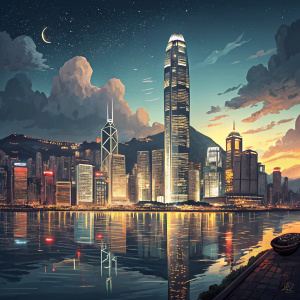 Evening shot of Hong Kong's skyline over Victoria Harbor. Tall buildings brightly lit, reflecting in calm waters, dark sky with city lights