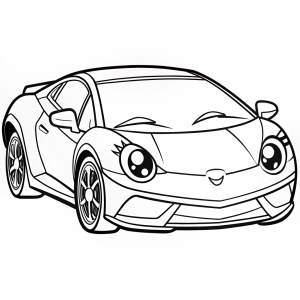 colouring page, adorable cartoon Lamborghini, looks cute, white background, black line art, clean line art, bold sharp line
