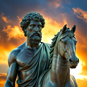 create me an ebook cover on Stoicism, for quotations, balck a greek style marble statue of Marcus Aurelius, twilight, eclipse, rushing fire, stoicism,Full-body