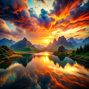 A mesmerizing sunset over a tranquil lake.
