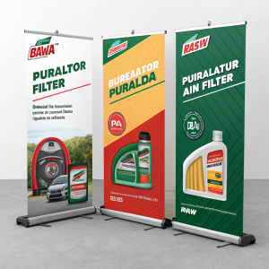 Digital marketing campaign for Bawa Enterprises. Highlighting Castrol, Puralator, and Air Filter products through eye-catching banners.